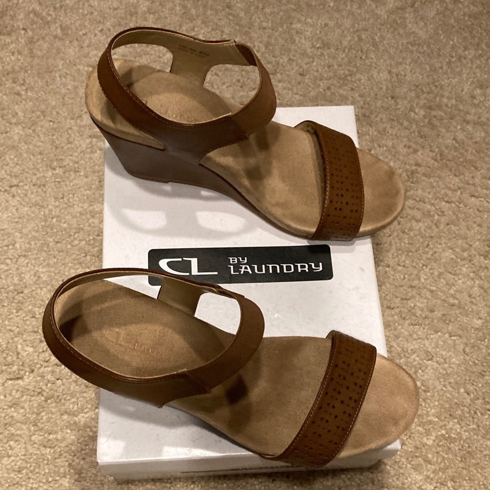 CL by Laundry Tan Perforated Strap Wedge Sandals